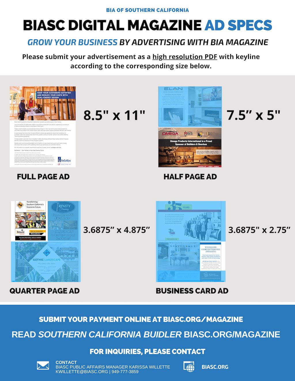BIASC Digital Magazine Ad Specs and Submission Guidelines BIASC Digital Magazine ad specs displaying dimensions for full page, half page, quarter page, and business card ads.