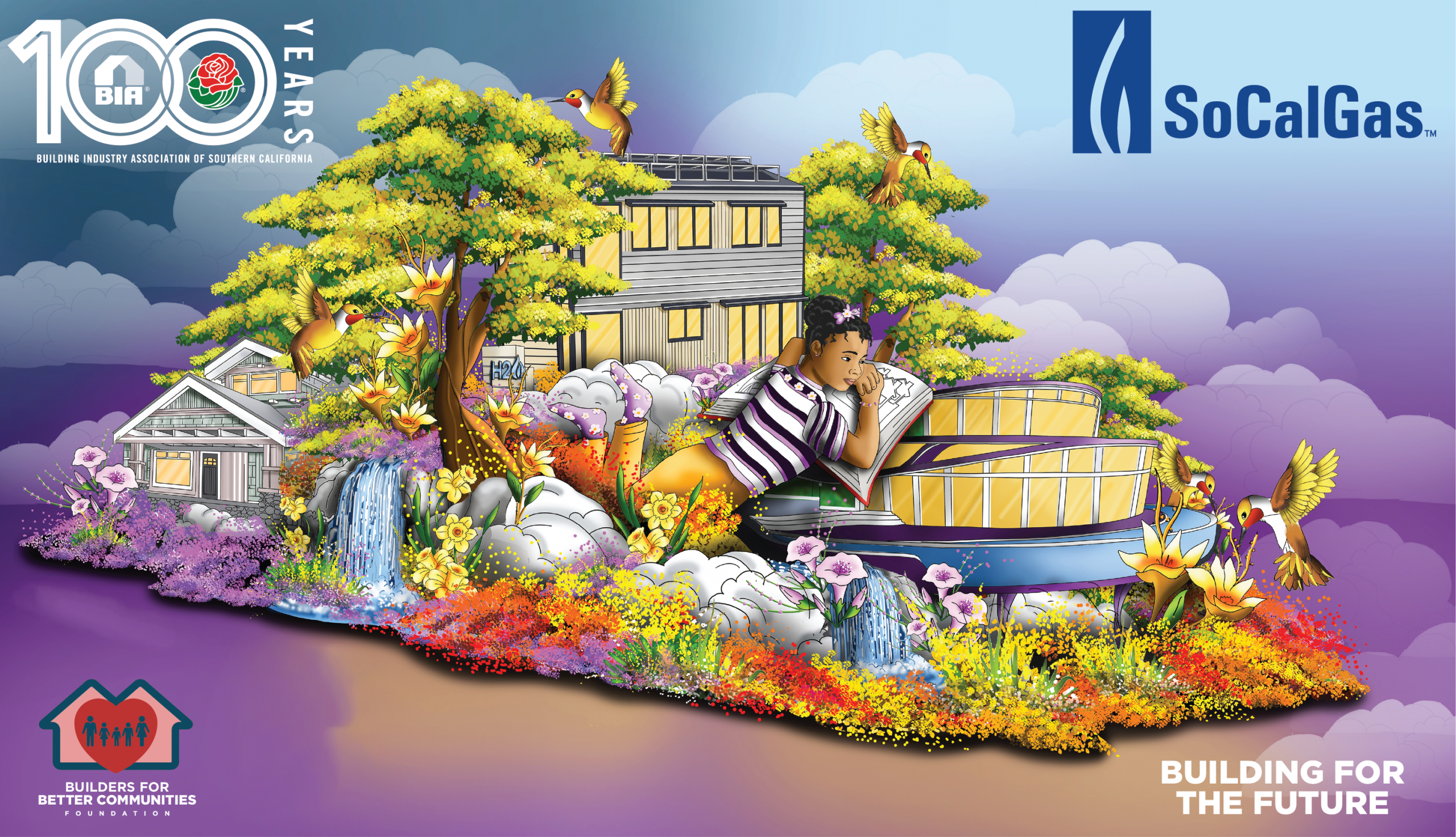 Illustration of BIASC's 100 Years Rose Parade float, featuring vibrant flowers, homes, and a child reading.