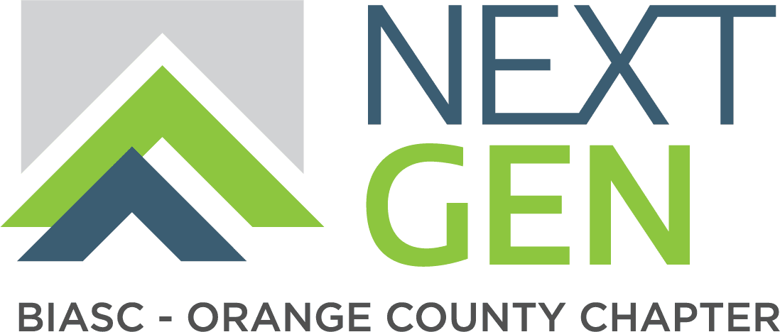 NEXT GEN BIASC Orange County Chapter logo with green and blue arrow design.